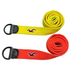Set of Hollister Mens Woven Belt Orange Yellow 44" Double D Ring Buckle Logo Y2K